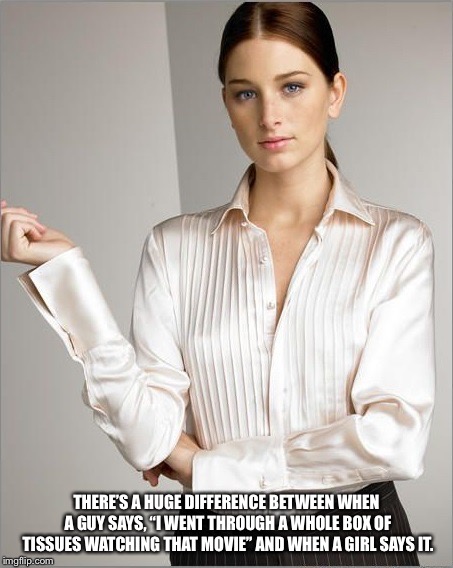 Smart Businesswoman | THERE’S A HUGE DIFFERENCE BETWEEN WHEN A GUY SAYS, “I WENT THROUGH A WHOLE BOX OF TISSUES WATCHING THAT MOVIE” AND WHEN A GIRL SAYS IT. | image tagged in smart businesswoman | made w/ Imgflip meme maker