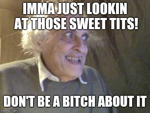 Old Pervert | IMMA JUST LOOKIN AT THOSE SWEET TITS! DON'T BE A BITCH ABOUT IT | image tagged in old pervert | made w/ Imgflip meme maker