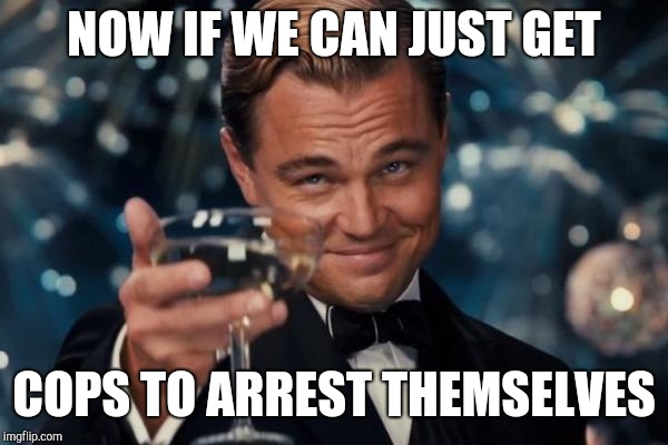 Leonardo Dicaprio Cheers Meme | NOW IF WE CAN JUST GET COPS TO ARREST THEMSELVES | image tagged in memes,leonardo dicaprio cheers | made w/ Imgflip meme maker