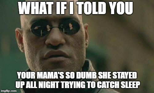 Matrix Morpheus | WHAT IF I TOLD YOU; YOUR MAMA'S SO DUMB SHE STAYED UP ALL NIGHT TRYING TO CATCH SLEEP | image tagged in memes,matrix morpheus | made w/ Imgflip meme maker