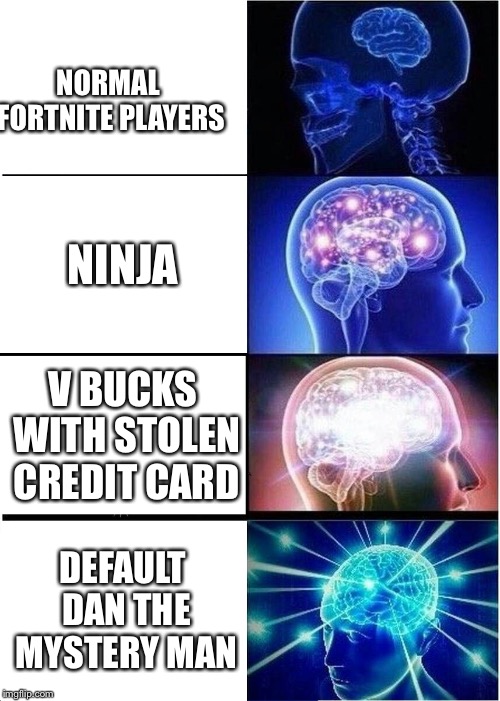 Expanding Brain | NORMAL FORTNITE PLAYERS; NINJA; V BUCKS WITH STOLEN CREDIT CARD; DEFAULT DAN THE MYSTERY MAN | image tagged in memes,expanding brain | made w/ Imgflip meme maker