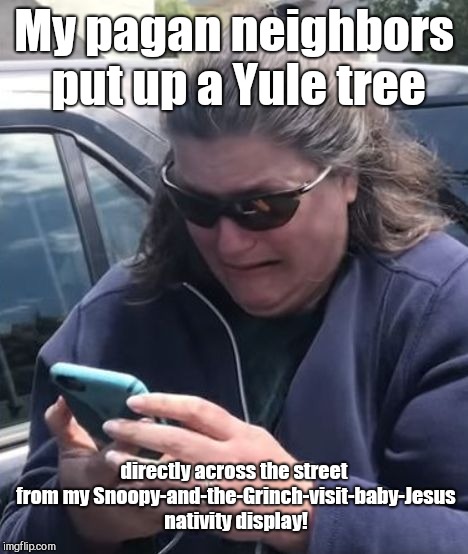 Bbq becky | My pagan neighbors put up a Yule tree; directly across the street from my Snoopy-and-the-Grinch-visit-baby-Jesus nativity display! | image tagged in bbq becky,fundie lunacy,fanatic,humor | made w/ Imgflip meme maker