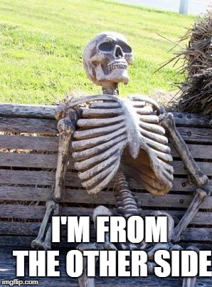 Waiting Skeleton Meme | I'M FROM THE OTHER SIDE | image tagged in memes,waiting skeleton | made w/ Imgflip meme maker