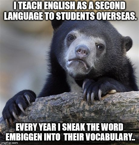 Confession Bear Meme | I TEACH ENGLISH AS A SECOND LANGUAGE TO STUDENTS OVERSEAS. EVERY YEAR I SNEAK THE WORD EMBIGGEN INTO  THEIR VOCABULARY.. | image tagged in memes,confession bear | made w/ Imgflip meme maker