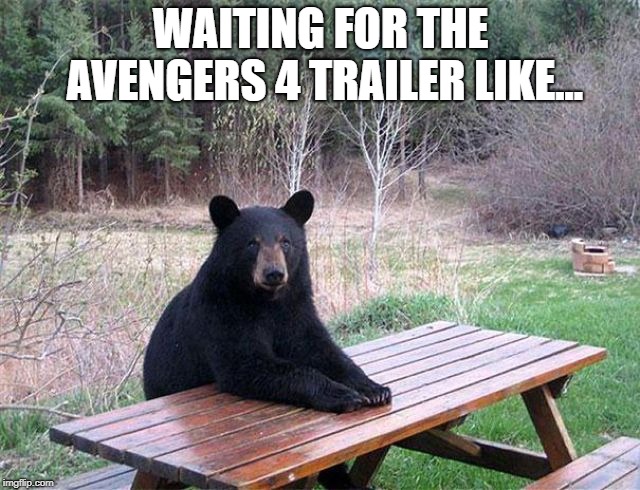 waiting bear | WAITING FOR THE AVENGERS 4 TRAILER LIKE... | image tagged in waiting bear | made w/ Imgflip meme maker