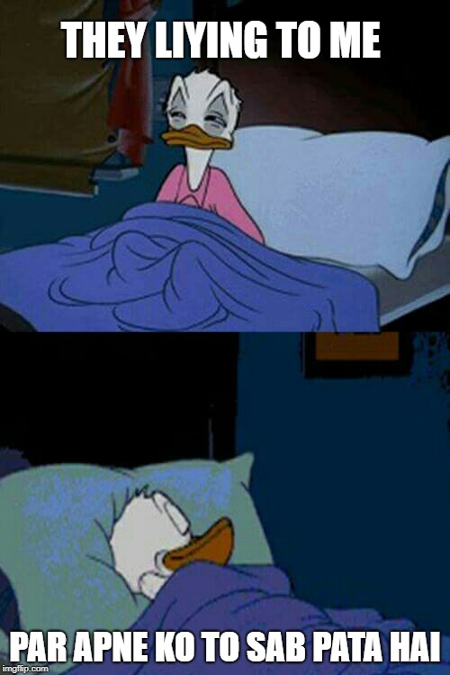 sleepy donald duck in bed | THEY LIYING TO ME; PAR APNE KO TO SAB PATA HAI | image tagged in sleepy donald duck in bed | made w/ Imgflip meme maker