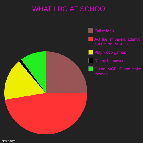 WHAT I DO AT SCHOOL | Go on IMGFLIP and make memes, Do my homework, Play video games , Act like i'm paying attention but i´m on IMGFLIP, Fal | image tagged in funny,pie charts | made w/ Imgflip chart maker