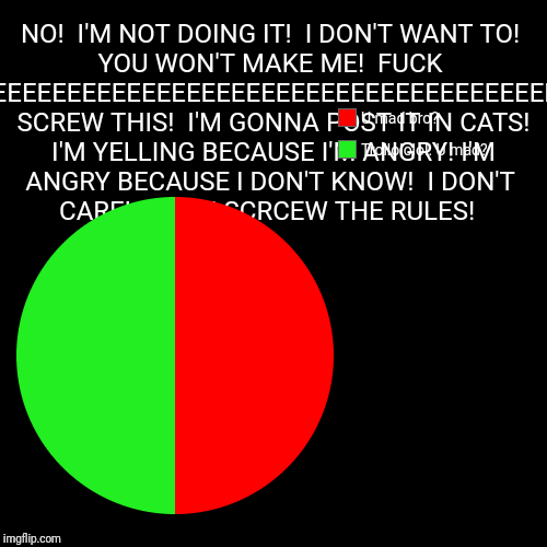 JK. JK. | NO!  I'M NOT DOING IT!  I DON'T WANT TO! YOU WON'T MAKE ME!  F**K YEEEEEEEEEEEEEEEEEEEEEEEEEEEEEEEEEEEEEEEEEEEEEEE!!!  SCREW THIS!  I'M GONN | image tagged in funny,pie charts,jk | made w/ Imgflip chart maker