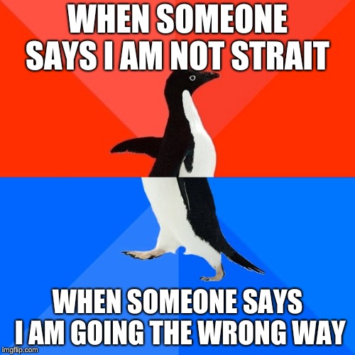 Socially Awesome Awkward Penguin Meme | WHEN SOMEONE SAYS I AM NOT STRAIT; WHEN SOMEONE SAYS I AM GOING THE WRONG WAY | image tagged in memes,socially awesome awkward penguin | made w/ Imgflip meme maker
