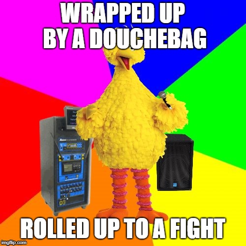 Wrong lyrics karaoke big bird | WRAPPED UP BY A DOUCHEBAG ROLLED UP TO A FIGHT | image tagged in wrong lyrics karaoke big bird | made w/ Imgflip meme maker