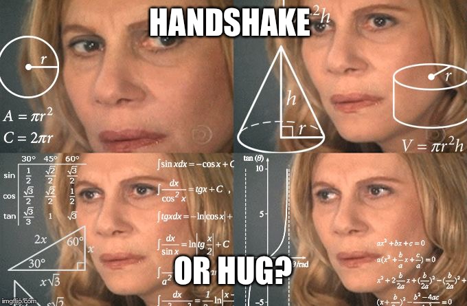 Math Lady |  HANDSHAKE; OR HUG? | image tagged in math lady | made w/ Imgflip meme maker