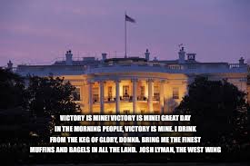 The West Wing | VICTORY IS MINE! VICTORY IS MINE! GREAT DAY IN THE MORNING PEOPLE, VICTORY IS MINE. I DRINK FROM THE KEG OF GLORY, DONNA. BRING ME THE FINEST MUFFINS AND BAGELS IN ALL THE LAND. 
JOSH LYMAN, THE WEST WING | image tagged in the west wing | made w/ Imgflip meme maker