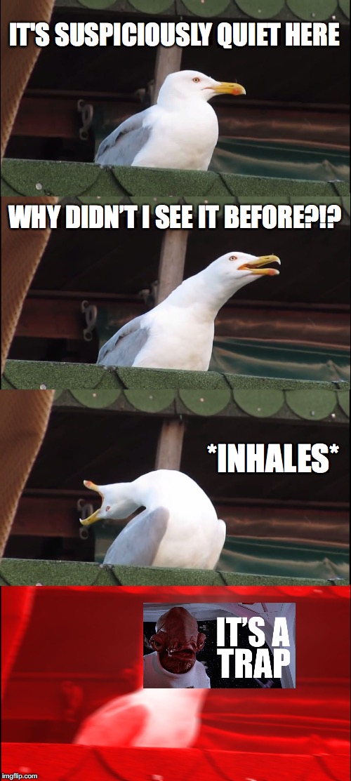 Inhaling Seagull Meme | IT'S SUSPICIOUSLY QUIET HERE; WHY DIDN’T I SEE IT BEFORE?!? *INHALES* | image tagged in memes,inhaling seagull | made w/ Imgflip meme maker