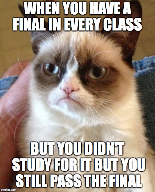 Grumpy Cat Meme | WHEN YOU HAVE A FINAL IN EVERY CLASS; BUT YOU DIDN'T STUDY FOR IT BUT YOU STILL PASS THE FINAL | image tagged in memes,grumpy cat | made w/ Imgflip meme maker