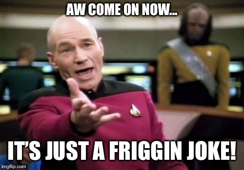 Picard Wtf | AW COME ON NOW... IT’S JUST A FRIGGIN JOKE! | image tagged in memes,picard wtf | made w/ Imgflip meme maker