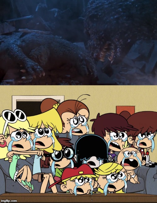 Loud sisters crying to Godzilla Junior's death | image tagged in godzilla,the loud house | made w/ Imgflip meme maker