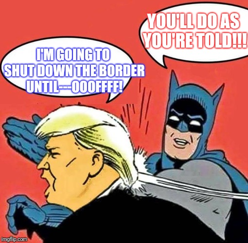 Batman Slapping Trump | YOU'LL DO AS YOU'RE TOLD!!! I'M GOING TO SHUT DOWN THE BORDER UNTIL---OOOFFFF! | image tagged in batman slapping trump | made w/ Imgflip meme maker