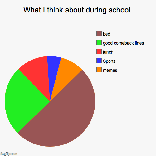 What I think about during school | memes, Sports, lunch, good comeback lines, bed | image tagged in funny,pie charts | made w/ Imgflip chart maker