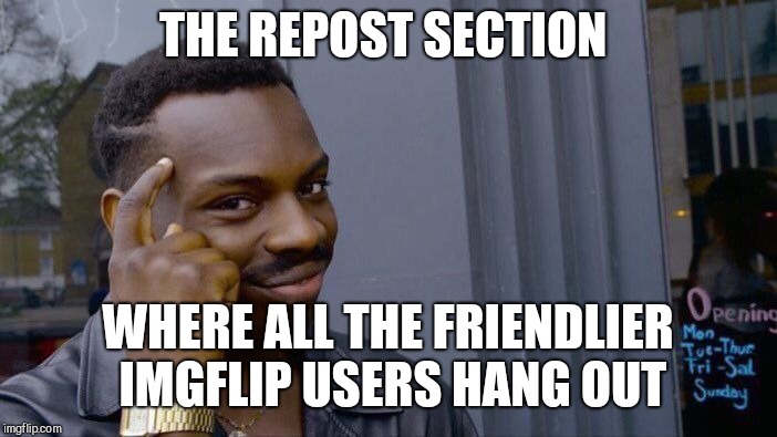 Roll Safe Think About It Meme | THE REPOST SECTION; WHERE ALL THE FRIENDLIER IMGFLIP USERS HANG OUT | image tagged in memes,roll safe think about it | made w/ Imgflip meme maker