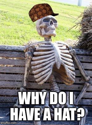 Waiting Skeleton | WHY DO I HAVE A HAT? | image tagged in memes,waiting skeleton,scumbag | made w/ Imgflip meme maker