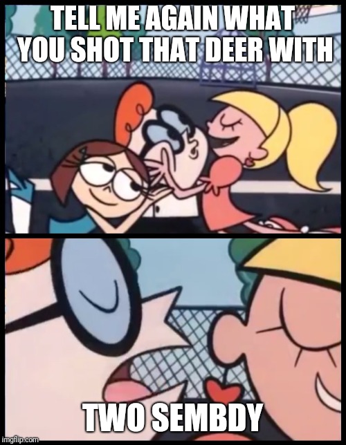 Say it Again, Dexter | TELL ME AGAIN WHAT YOU SHOT THAT DEER WITH; TWO SEMBDY | image tagged in say it again dexter | made w/ Imgflip meme maker