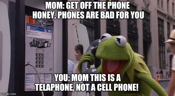 Kermit Phone | MOM: GET OFF THE PHONE HONEY, PHONES ARE BAD FOR YOU; YOU: MOM THIS IS A TELAPHONE, NOT A CELL PHONE! | image tagged in kermit phone | made w/ Imgflip meme maker