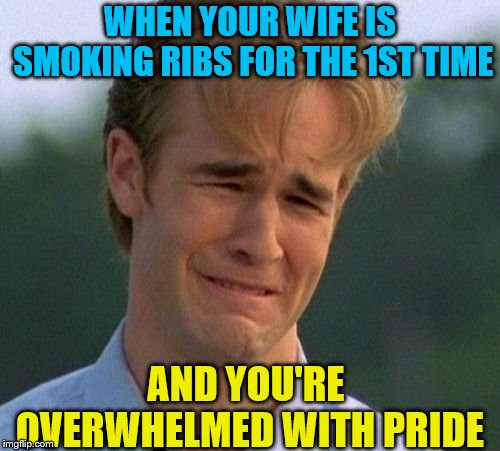 Haven't been this proud since our kid learned to ride a bike | WHEN YOUR WIFE IS SMOKING RIBS FOR THE 1ST TIME; AND YOU'RE OVERWHELMED WITH PRIDE | image tagged in memes,1990s first world problems,cooking,bbq | made w/ Imgflip meme maker