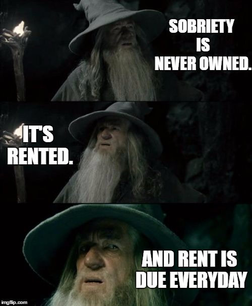 Confused Gandalf | SOBRIETY IS NEVER OWNED. IT'S RENTED. AND RENT IS DUE EVERYDAY | image tagged in memes,confused gandalf | made w/ Imgflip meme maker