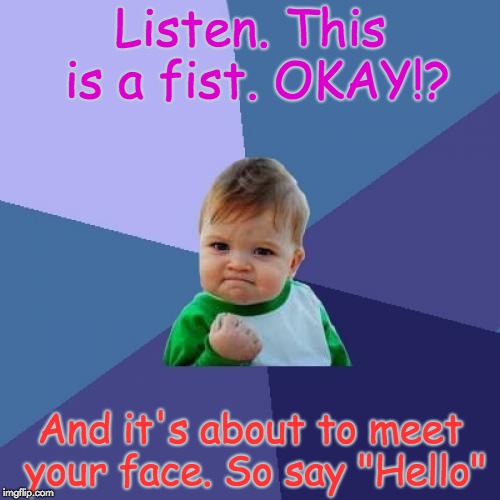 Success Kid Meme | Listen. This is a fist. OKAY!? And it's about to meet your face. So say "Hello" | image tagged in memes,success kid | made w/ Imgflip meme maker
