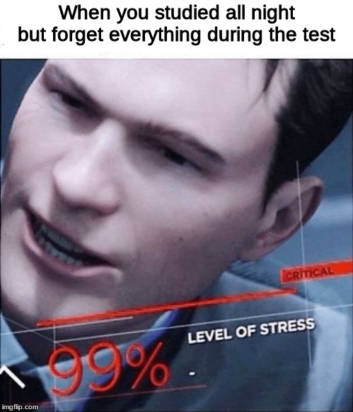 99% Level of Stress | When you studied all night but forget everything during the test | image tagged in 99 level of stress | made w/ Imgflip meme maker