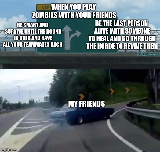 Left Exit 12 Off Ramp | WHEN YOU PLAY ZOMBIES WITH YOUR FRIENDS; BE SMART AND SURVIVE UNTIL THE ROUND IS OVER AND HAVE ALL YOUR TEAMMATES BACK; BE THE LAST PERSON ALIVE WITH SOMEONE TO HEAL AND GO THROUGH THE HORDE TO REVIVE THEM; MY FRIENDS | image tagged in memes,left exit 12 off ramp | made w/ Imgflip meme maker