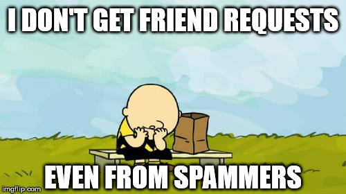 Depressed Charlie Brown |  I DON'T GET FRIEND REQUESTS; EVEN FROM SPAMMERS | image tagged in depressed charlie brown | made w/ Imgflip meme maker
