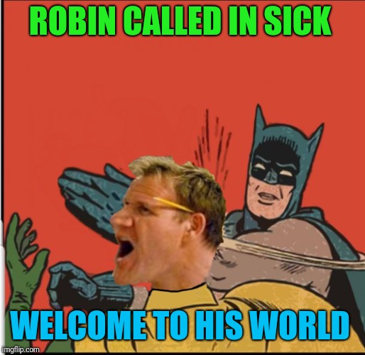 ROBIN CALLED IN SICK; WELCOME TO HIS WORLD | image tagged in batman slapping gordon | made w/ Imgflip meme maker