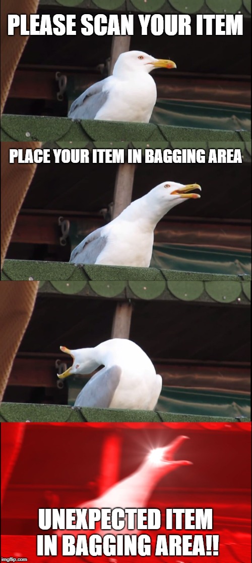 Inhaling Seagull Meme | PLEASE SCAN YOUR ITEM; PLACE YOUR ITEM IN BAGGING AREA; UNEXPECTED ITEM IN BAGGING AREA!! | image tagged in memes,inhaling seagull | made w/ Imgflip meme maker