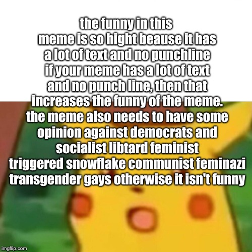 Surprised Pikachu Meme | the funny in this meme is so hight beause it has a lot of text and no punchline if your meme has a lot of text and no punch line, then that  | image tagged in memes,surprised pikachu | made w/ Imgflip meme maker