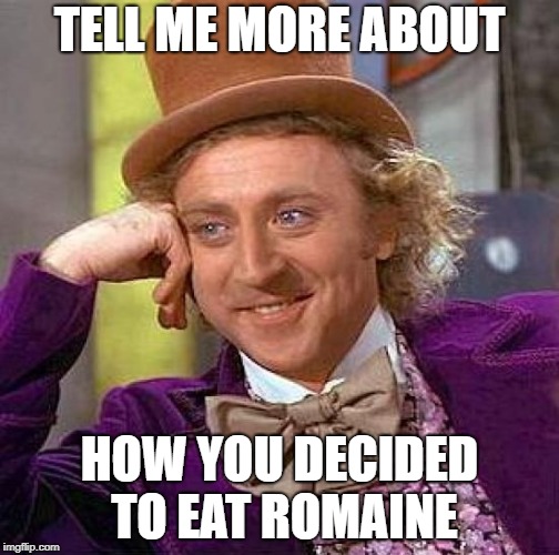 Creepy Condescending Wonka Meme | TELL ME MORE ABOUT; HOW YOU DECIDED TO EAT ROMAINE | image tagged in memes,creepy condescending wonka | made w/ Imgflip meme maker