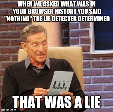 Maury Lie Detector Meme | WHEN WE ASKED WHAT WAS IN YOUR BROWSER HISTORY YOU SAID "NOTHING" THE LIE DETECTER DETERMINED; THAT WAS A LIE | image tagged in memes,maury lie detector | made w/ Imgflip meme maker