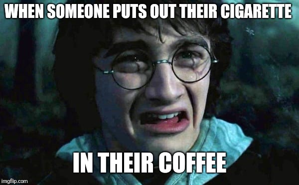 Harry Potter Disgusted | WHEN SOMEONE PUTS OUT THEIR CIGARETTE; IN THEIR COFFEE | image tagged in harry potter disgusted | made w/ Imgflip meme maker