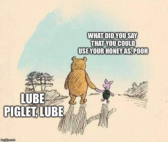 Pooh and Piglet | WHAT DID YOU SAY THAT YOU COULD USE YOUR HONEY AS, POOH; LUBE PIGLET, LUBE | image tagged in pooh and piglet | made w/ Imgflip meme maker