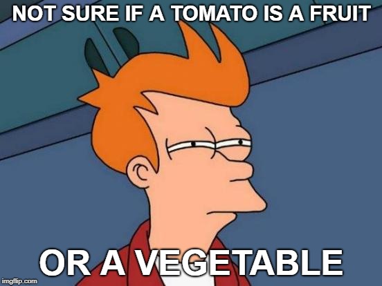 Futurama Fry Meme | NOT SURE IF A TOMATO IS A FRUIT; OR A VEGETABLE | image tagged in memes,futurama fry | made w/ Imgflip meme maker