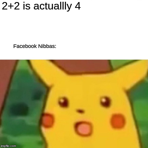 Surprised Pikachu | 2+2 is actuallly 4; Facebook Nibbas: | image tagged in memes,surprised pikachu | made w/ Imgflip meme maker