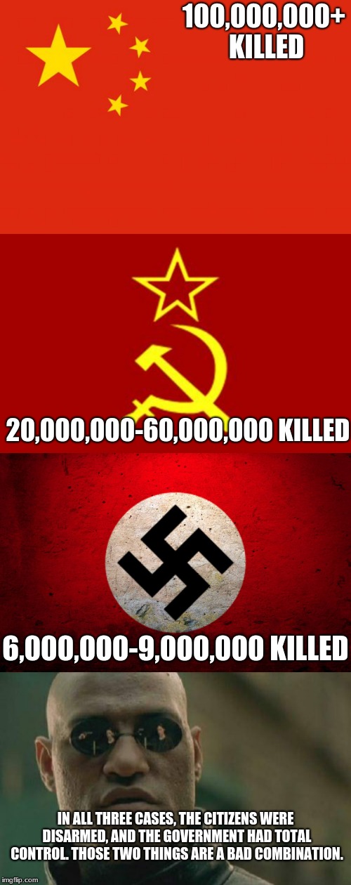 Death toll of big government | 100,000,000+ KILLED; 20,000,000-60,000,000 KILLED; 6,000,000-9,000,000 KILLED; IN ALL THREE CASES, THE CITIZENS WERE DISARMED, AND THE GOVERNMENT HAD TOTAL CONTROL.
THOSE TWO THINGS ARE A BAD COMBINATION. | image tagged in gun control,2nd amendment,tyranny,genocide | made w/ Imgflip meme maker