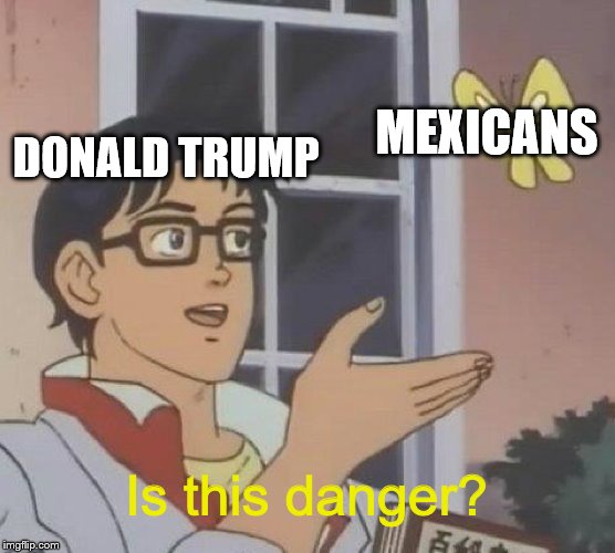 Is this a danger to U.S.? | MEXICANS; DONALD TRUMP; Is this danger? | image tagged in memes,is this a pigeon | made w/ Imgflip meme maker