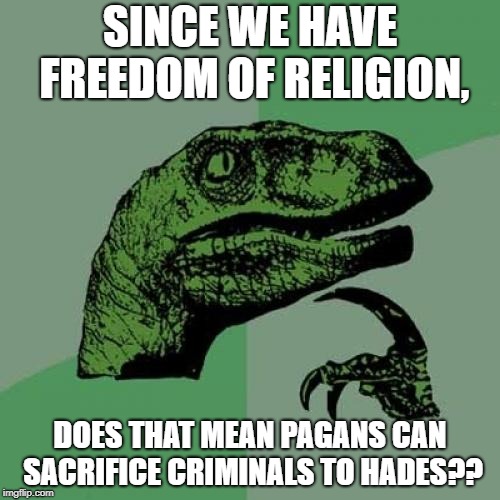 Philosoraptor Meme | SINCE WE HAVE FREEDOM OF RELIGION, DOES THAT MEAN PAGANS CAN SACRIFICE CRIMINALS TO HADES?? | image tagged in memes,philosoraptor | made w/ Imgflip meme maker