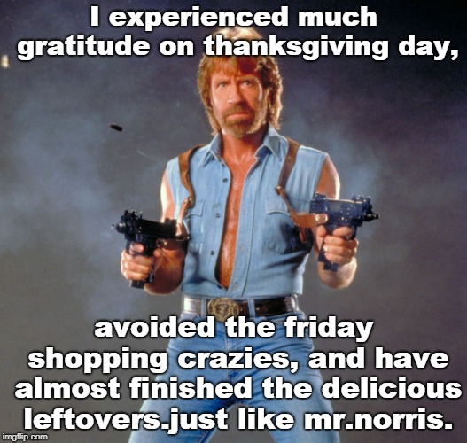 chuck norris and I had a grateful thanksgiving day and are almost done with the leftovers. | I experienced much gratitude on thanksgiving day, avoided the friday shopping crazies, and have almost finished the delicious leftovers.just like mr.norris. | image tagged in thanksgiving day meme,graditude  leftovers,end the consumerist | made w/ Imgflip meme maker