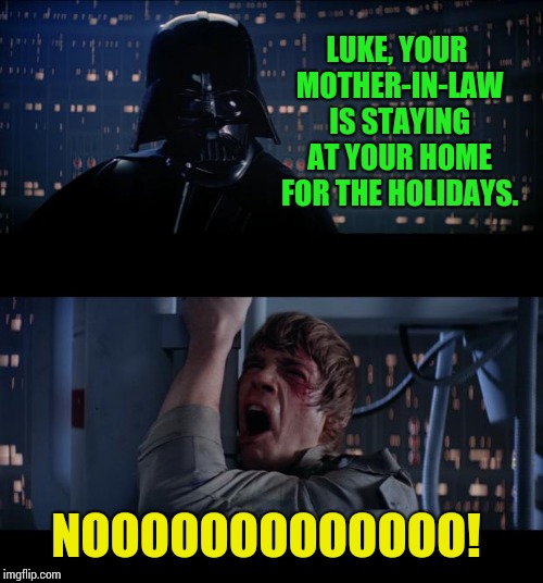 Star Wars No | LUKE, YOUR MOTHER-IN-LAW IS STAYING AT YOUR HOME FOR THE HOLIDAYS. NOOOOOOOOOOOOO! | image tagged in memes,star wars no | made w/ Imgflip meme maker