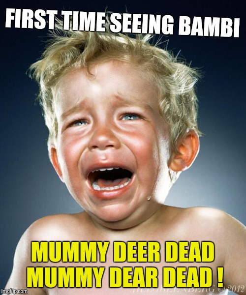 crying child | FIRST TIME SEEING BAMBI MUMMY DEER DEAD MUMMY DEAR DEAD ! | image tagged in crying child | made w/ Imgflip meme maker