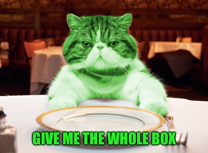 RayCat Hungry | GIVE ME THE WHOLE BOX | image tagged in raycat hungry | made w/ Imgflip meme maker