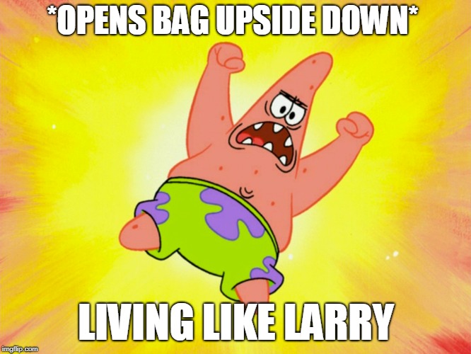 *OPENS BAG UPSIDE DOWN*; LIVING LIKE LARRY | made w/ Imgflip meme maker