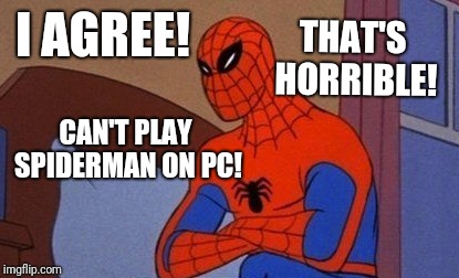 You're horrible Spider-Man  | I AGREE! THAT'S HORRIBLE! CAN'T PLAY SPIDERMAN ON PC! | image tagged in you're horrible spider-man | made w/ Imgflip meme maker